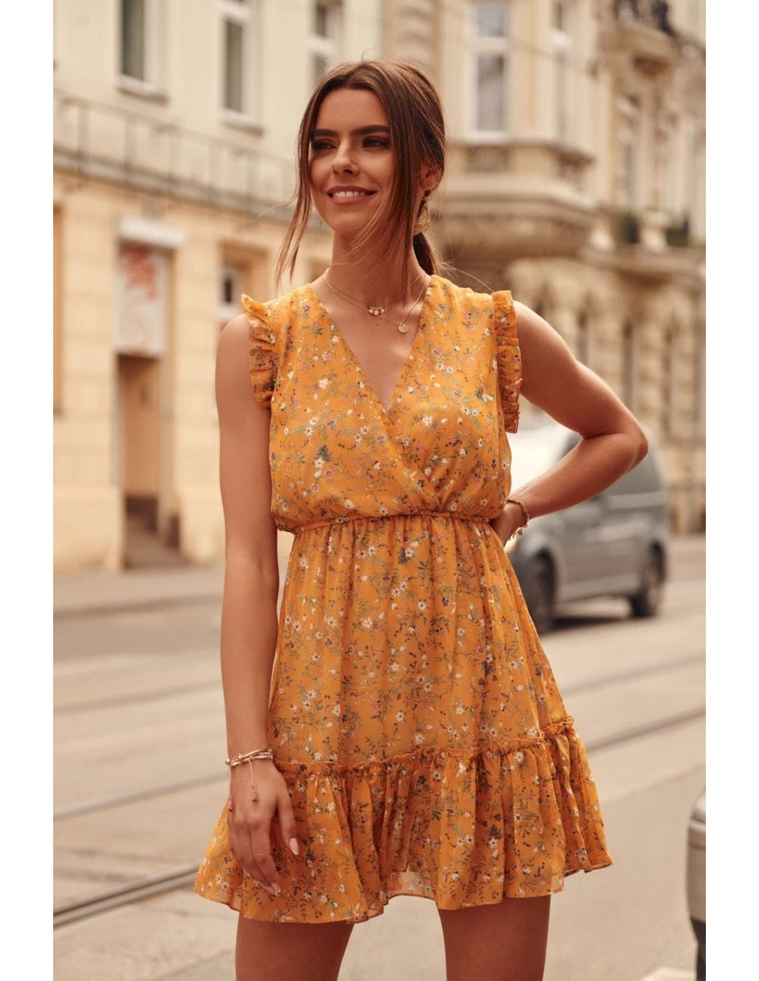 Delicate mustard floral dress PR3187 - Online store - Boutique